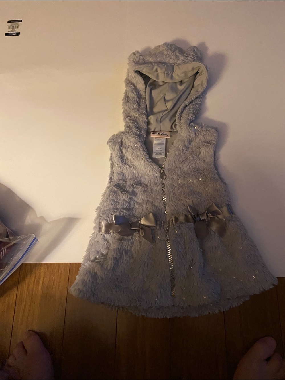 Little Lass Plush Hooded Vest - Light Gray with Satin Bows and Sparkles. Hooded.
